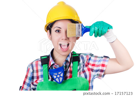 Woman painter with paintbrush on white 17157123