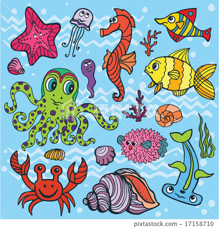 Cartoon Funny Fish, Sea Life set.Colored Doodle background 17158710