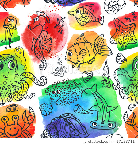 Cartoon Funny Sea Life Doodle seamless pattern,Watercolor steins 17158711
