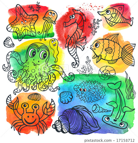 Cartoon linear Funny Sea Life Doodle set,Watercolor steins 17158712