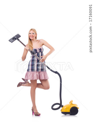 Young woman with vacuum cleaner on white Young woman with vacuum cleaner on white 17160091