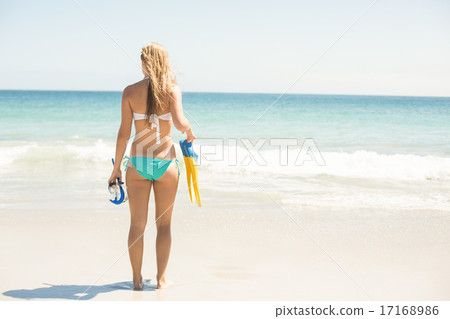 Wear view oh woman holding mask, scuba and fins 17168986