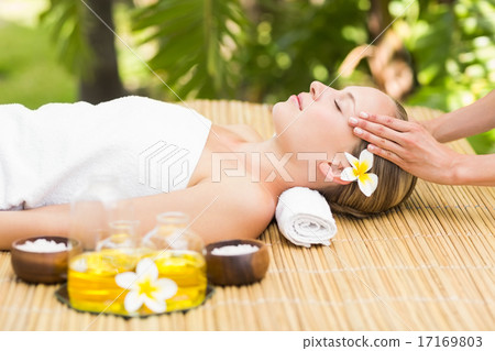 Attractive young woman receiving facial massage at spa center 17169803