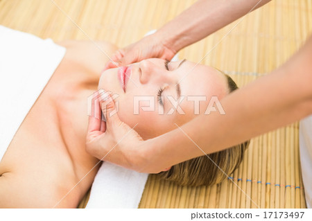 Attractive young woman receiving facial massage at spa center 17173497