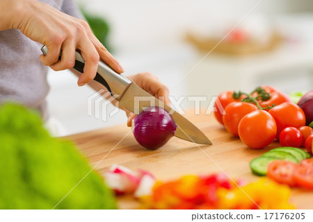Closeup on housewife cutting red onion Closeup on housewife cutting red onion 17176205