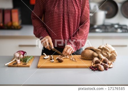 Closeup on young housewife cutting mushrooms 17176585