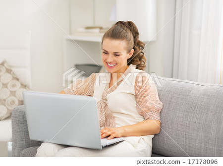 Young housewife using laptop in living room Young housewife using laptop in living room 17178096