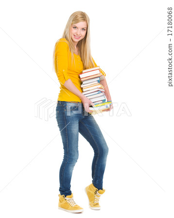Full length portrait of happy student girl holding stack of book 17180068