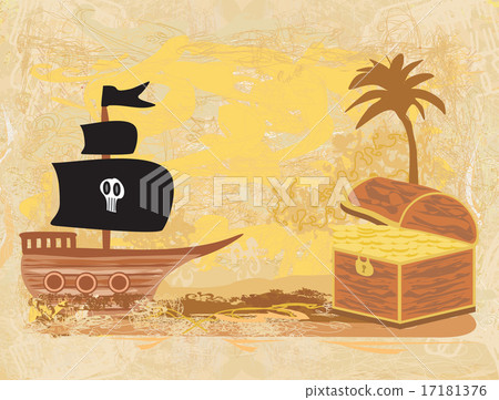 chest full of gold and a pirate ship 17181376