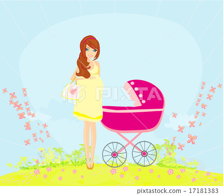 beautiful pregnant woman pushing a stroller 17181383