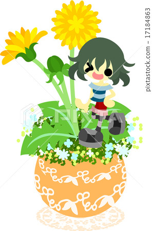站立在蒲公英花盆的一個小女孩 站立在蒲公英花盆的一個小女孩 17184863