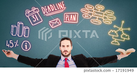 Composite image of unsmiling businessman sitting with arms outst Composite image of unsmiling businessman sitting with arms outst 17191949