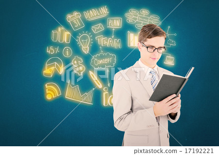 Composite image of geeky businessman reading black book Composite image of geeky businessman reading black book 17192221