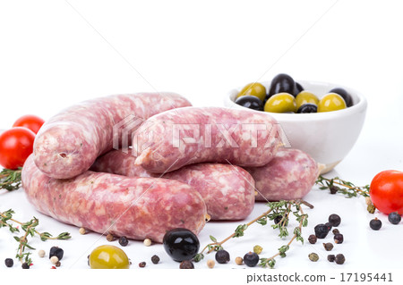 uncooked raw sausages with serving spices uncooked raw sausages with serving spices 17195441