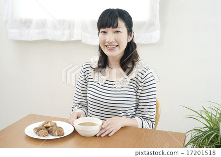 Cafe au lait, women enjoying croissants 17201518