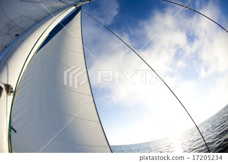 Winch with rope on sailing boat in the sea Winch with rope on sailing boat in the sea 17205234