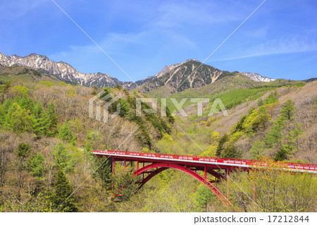 新鮮的綠色Yatsugatake和紅色橋樑山梨縣北斗市 新鮮的綠色Yatsugatake和紅色橋樑山梨縣北斗市 17212844