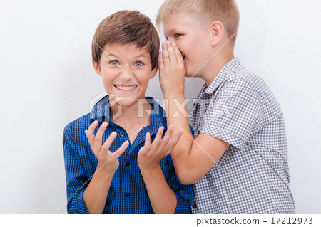 Teenage boy whispering in the ear a secret to friendl on white background Teenage boy whispering in the ear a secret to friendl on white background 17212973