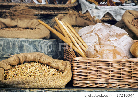 Fresh bread with pastry in the wicker basket 17216044
