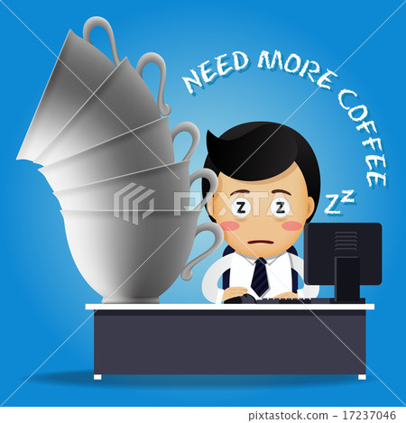 sleepy man working at desk and many coffee cups sleepy man working at desk and many coffee cups 17237046