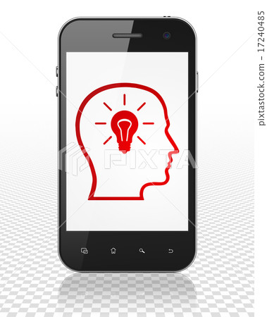 Information concept: Head With Lightbulb on Smartphone display Information concept: Head With Lightbulb on Smartphone display 17240485