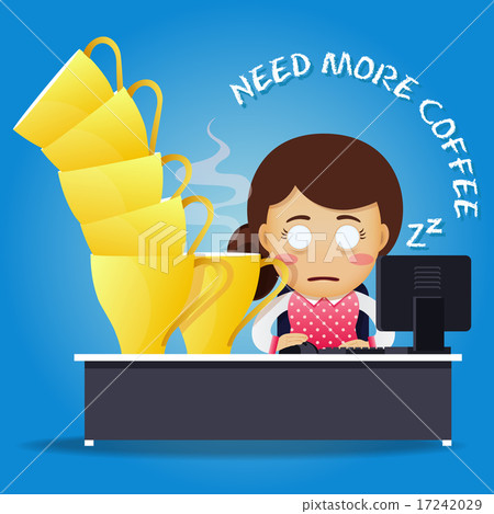 sleepy woman working and many big coffee cups sleepy woman working and many big coffee cups 17242029