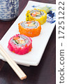 delicious sushi served  wooden table with tea 17251222