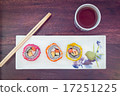 delicious sushi served  wooden table with tea 17251225