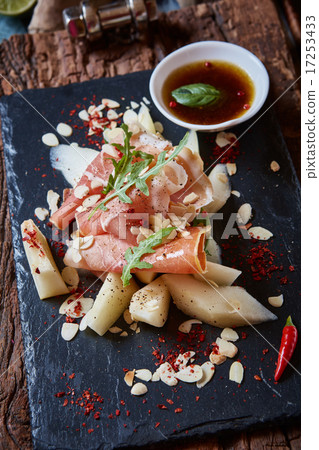 salad of fresh melon with thin slices prosciutto 17253433