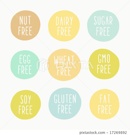 Nut, dairy, sugar, egg, wheat, gmo, soy, gluten, fat free signs Nut, dairy, sugar, egg, wheat, gmo, soy, gluten, fat free signs 17269892
