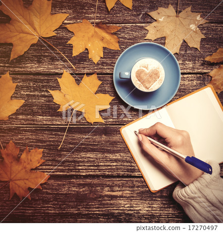 Female hand writing something in notebook near cup of coffee. Female hand writing something in notebook near cup of coffee. 17270497