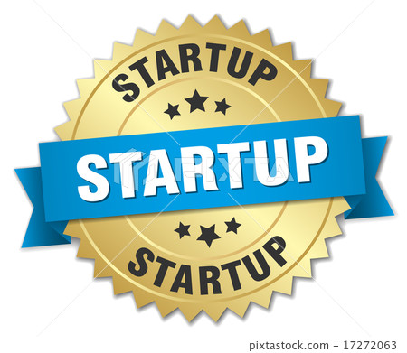 startup 3d gold badge with blue ribbon 17272063