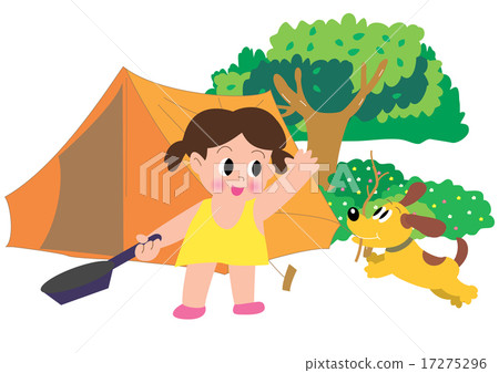 Girls and dogs with frying pan at camp 17275296