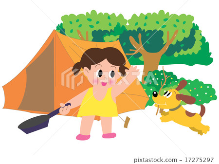 Girls and dogs with frying pan at camp 17275297
