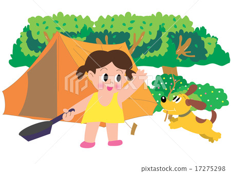 Girls and dogs with frying pan at camp 17275298