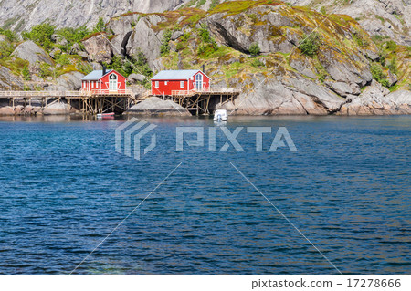 Typical red rorbu fishing hut in town of Svolvaer Typical red rorbu fishing hut in town of Svolvaer 17278666