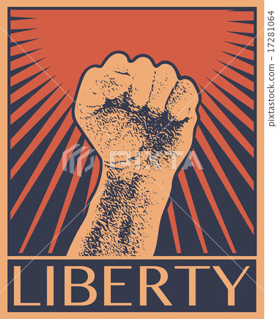 Vector Illustration Concept in Soviet Union Agitation Style. Fist of revolution. Human hand up. Red 17281064
