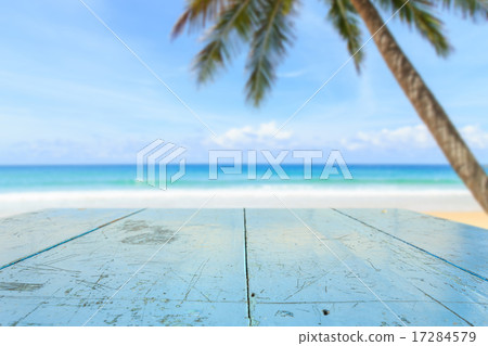 Top of wood table and view of tropical beach 17284579