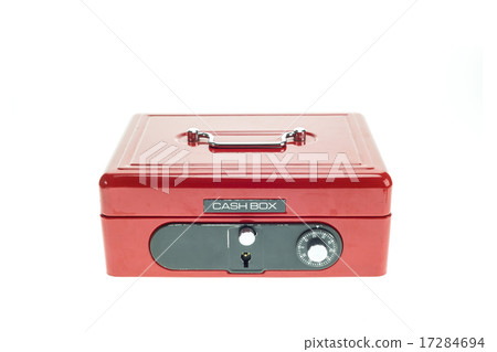 Close up red metal cash box isolated on white 17284694