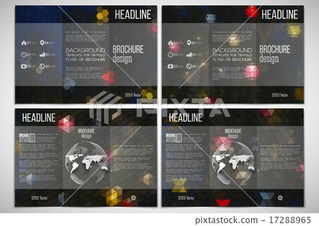Vector set of tri-fold brochure design template on both sides with world globe element. Night lights 17288965