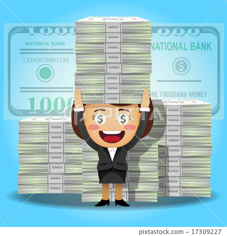 happy woman and stack of big dollar banknotes happy woman and stack of big dollar banknotes 17309227