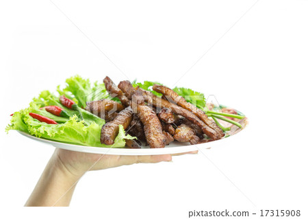 Fried pork, Thai food served with vegetable 17315908