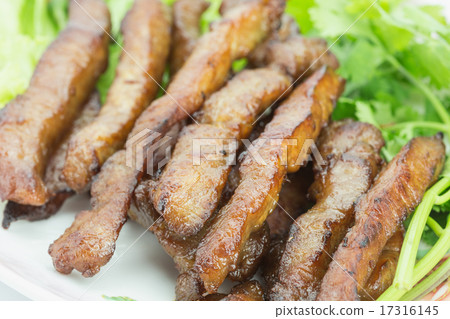Fried pork, Thai food served with vegetable 17316145