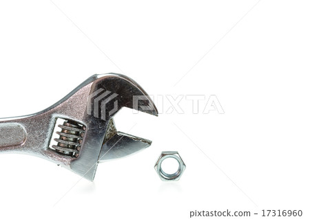 Adjustable wrench with nut isolated on white Adjustable wrench with nut isolated on white 17316960