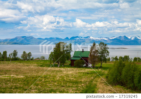 fjord, snow mountains and house, Norway, Lofoten fjord, snow mountains and house, Norway, Lofoten 17319245
