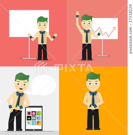 Poses of young businessmen, presentation white board, leaning on tablet concept and confident 17338229