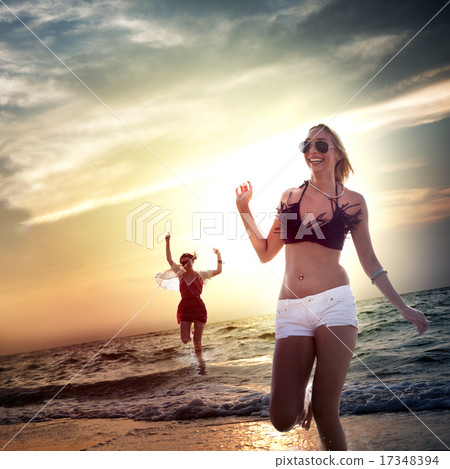 Beach Women Jumping Summer Holiday Chilling Concept Beach Women Jumping Summer Holiday Chilling Concept 17348394