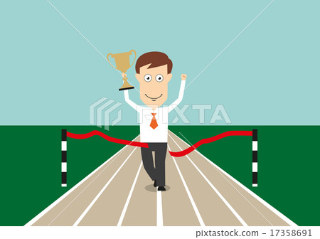 Businessman crossing finish line with trophy cup Businessman crossing finish line with trophy cup 17358691