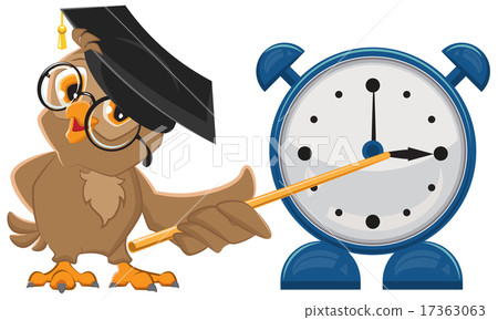 Owl teacher with glasses. Owl teacher shows pointer on the clock. Alarm clock 17363063
