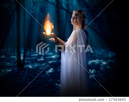 Elven girl with fire in night forest 17363645